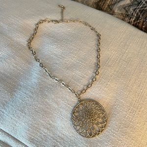 Anthropologie Brushed Gold Large Flower Circle Pendant Necklace